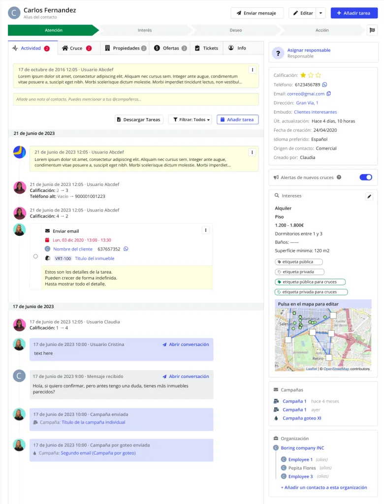 Ficha de contacto en CRM Inmobiliario Witei