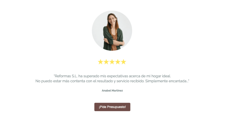 Reseña en landing page de usuaria satisfecha
