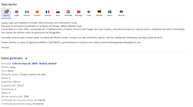 Descripción en ficha de casa sobre aspectos de iluminación, metros cuadrados, gasto energético, etc.