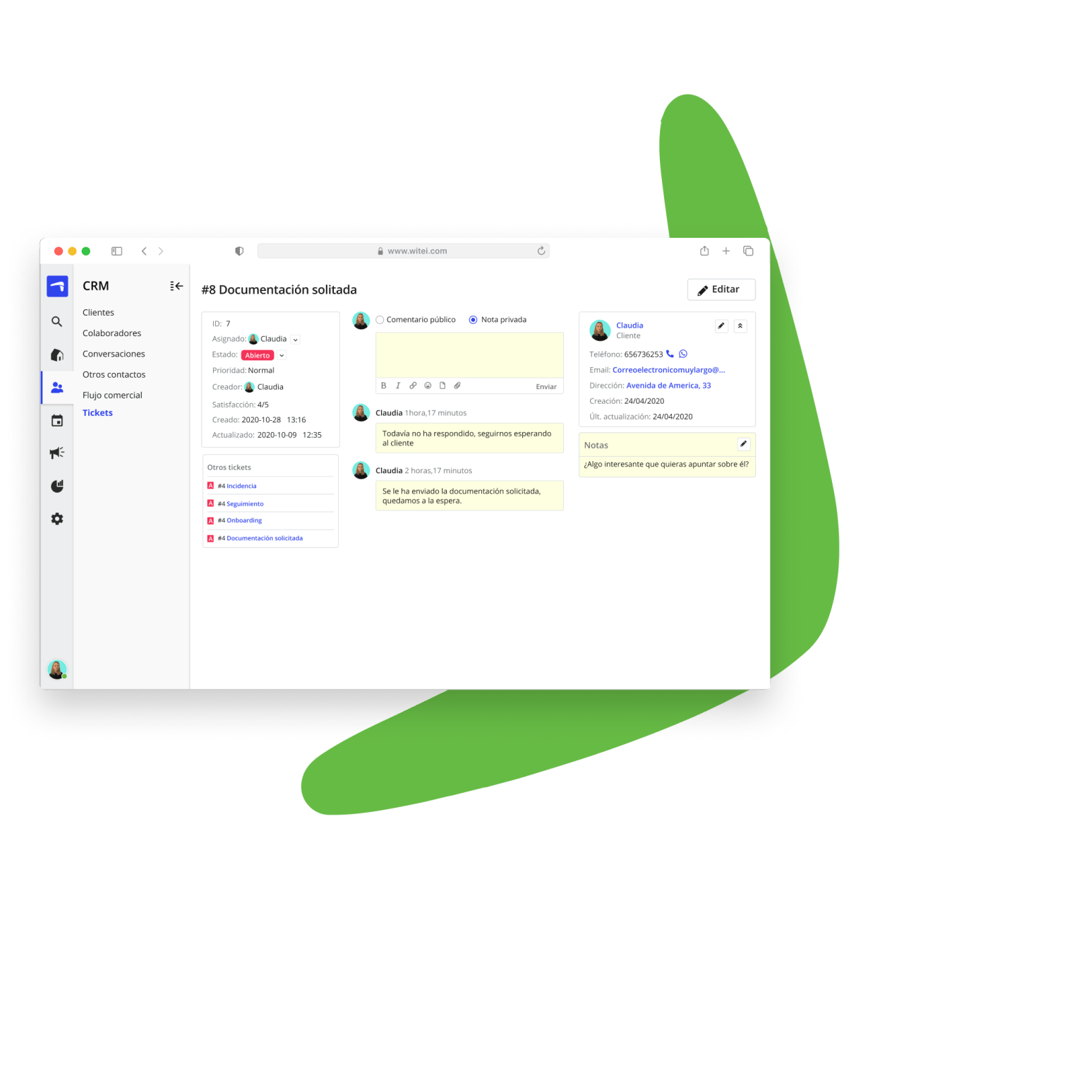 Tickets saved in the contact record in Witei