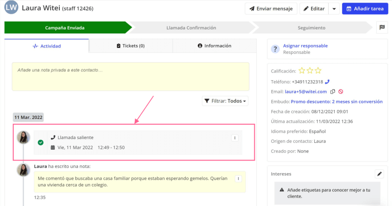 Así es cómo queda reflejado la llamada de Aircall en la actividad de la ficha de contacto