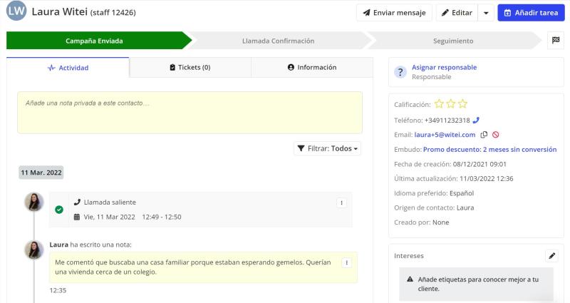 ficha de contacto de Witei con la llamada de aircall recibida