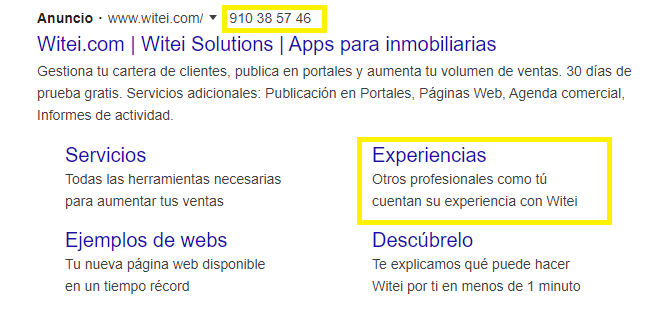 Ejemplo de anuncios de extensión de enlaces de sitio y de llamada.